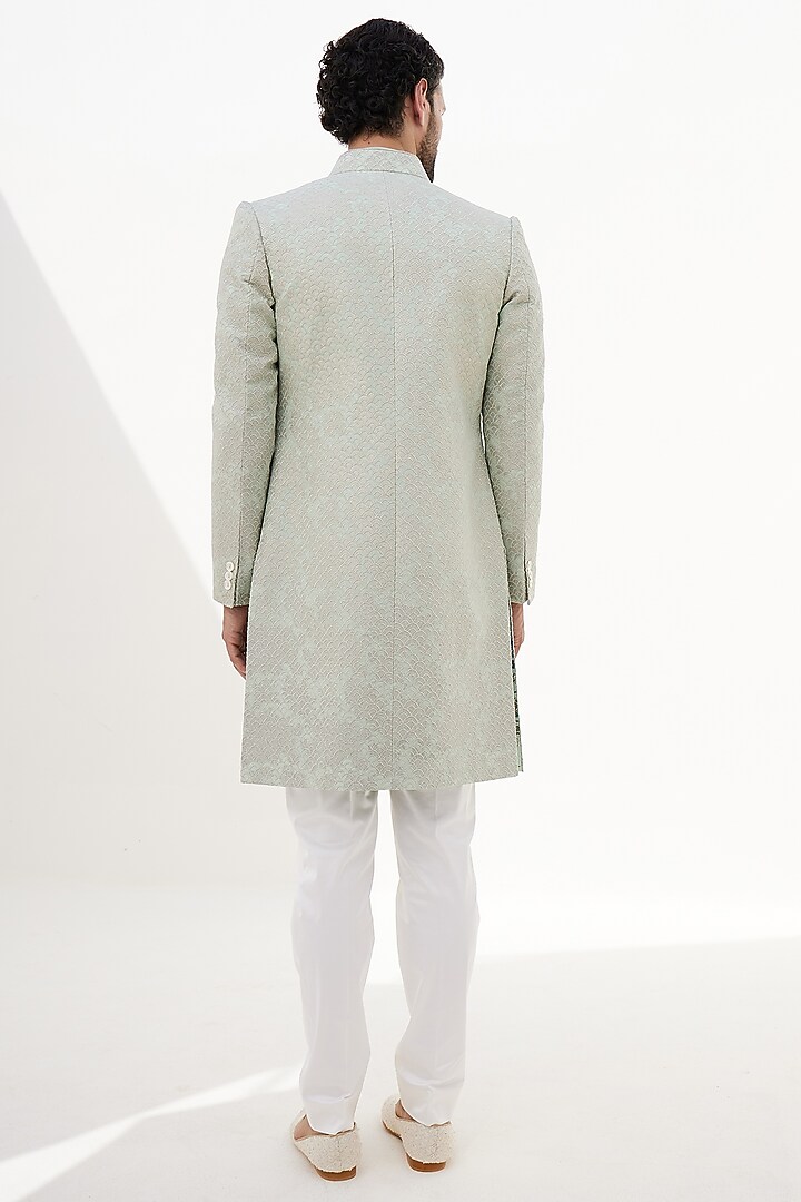 Sage Green Banarasi Silk Zari Thread Embroidered Groom Indowestern Set by ARJAN DUGAL at Pernia's Pop Up Shop