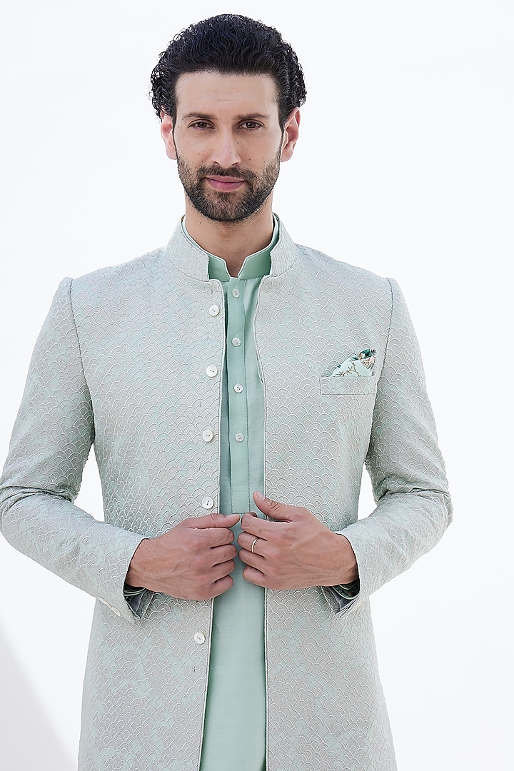 Sage Green Banarasi Silk Zari Thread Embroidered Groom Indowestern Set by ARJAN DUGAL at Pernia's Pop Up Shop