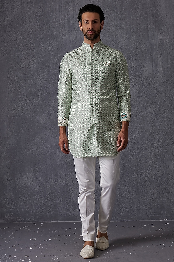 Sage Green Chanderi Silk Embroidered Nehru Jacket by ARJAN DUGAL at Pernia's Pop Up Shop