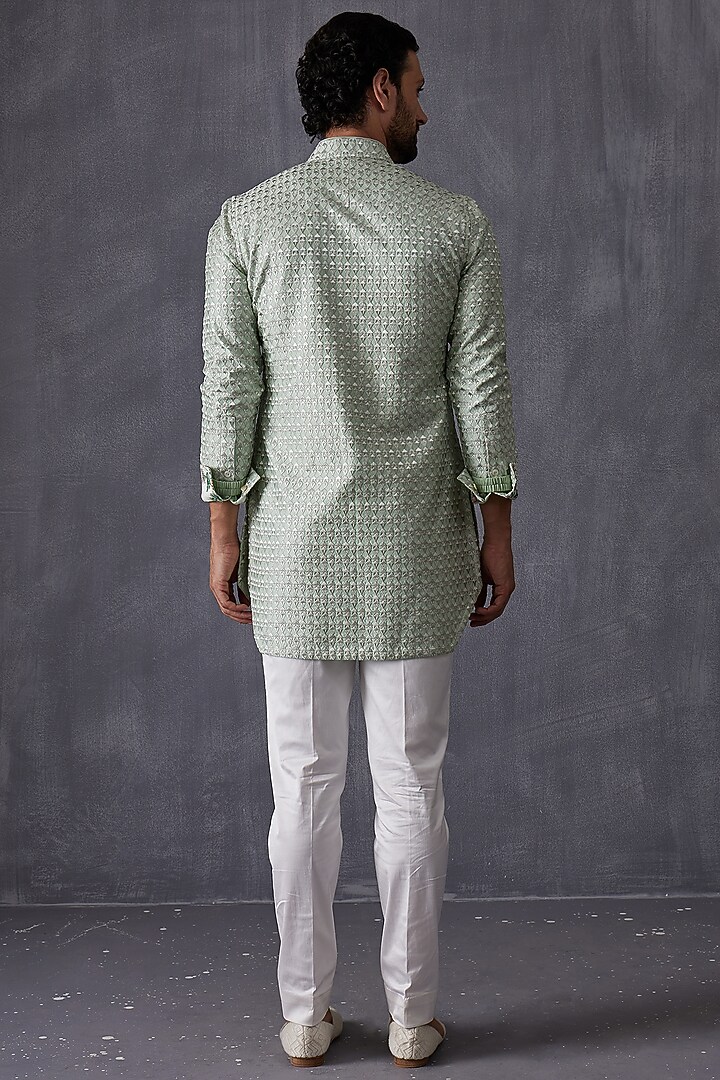 Sage Green Silk Embroidered Kurta Set by ARJAN DUGAL at Pernia's Pop Up Shop