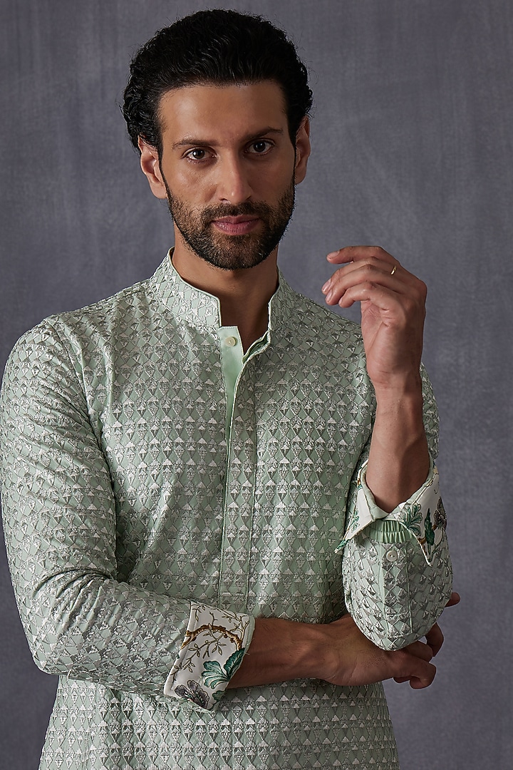 Sage Green Silk Embroidered Kurta Set by ARJAN DUGAL at Pernia's Pop Up Shop