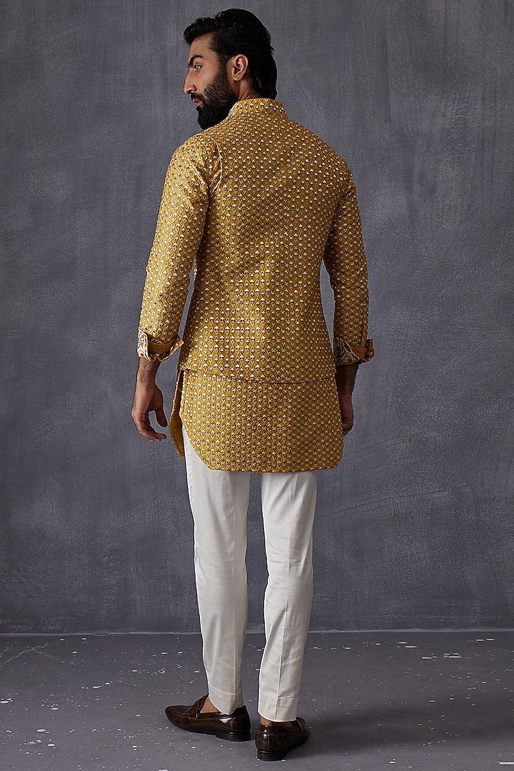 Mustard Chanderi Silk Embroidered Nehru Jacket by ARJAN DUGAL at Pernia's Pop Up Shop