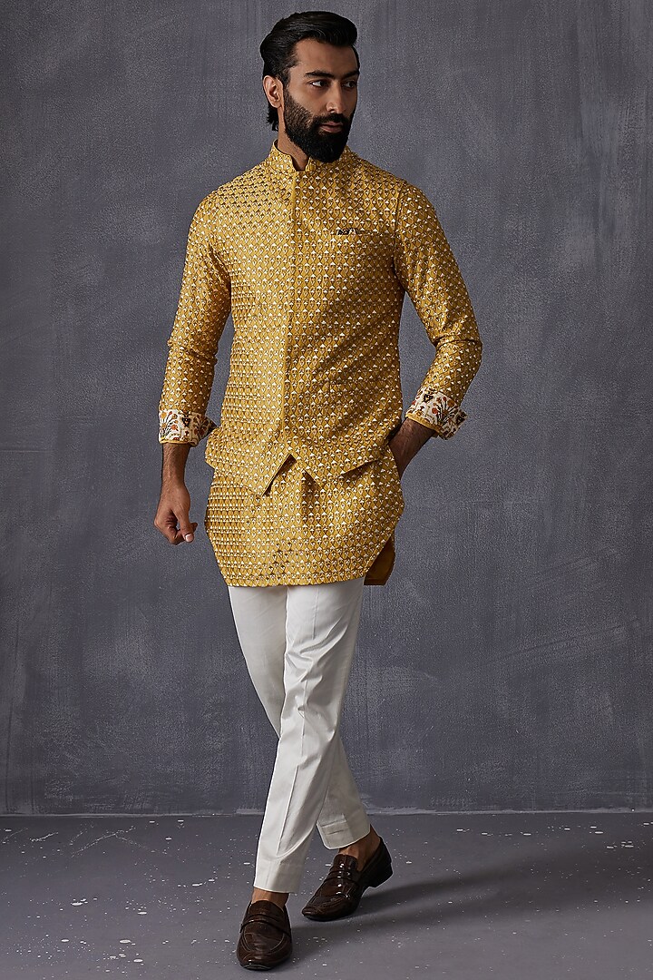 Mustard Chanderi Silk Embroidered Nehru Jacket by ARJAN DUGAL at Pernia's Pop Up Shop