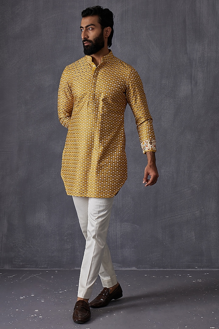 Mustard Silk Embroidered Kurta Set by ARJAN DUGAL at Pernia's Pop Up Shop
