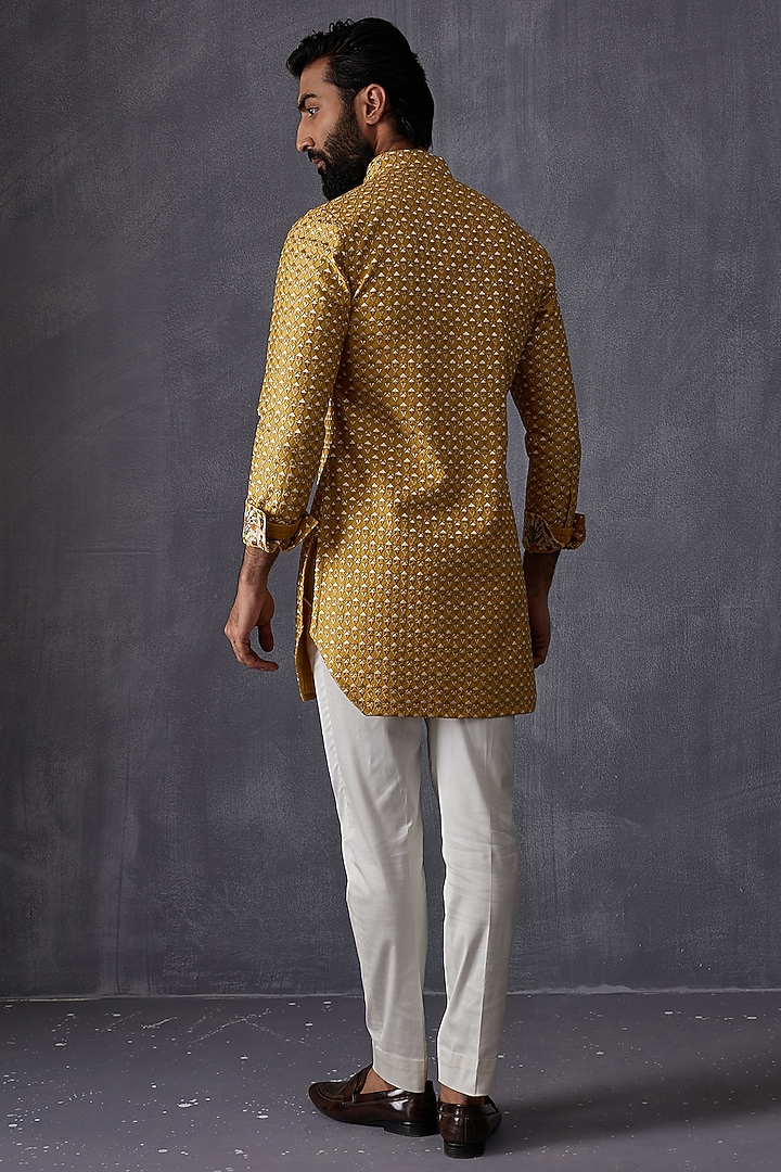 Mustard Chanderi Silk Embroidered Kurta Set by ARJAN DUGAL at Pernia's Pop Up Shop