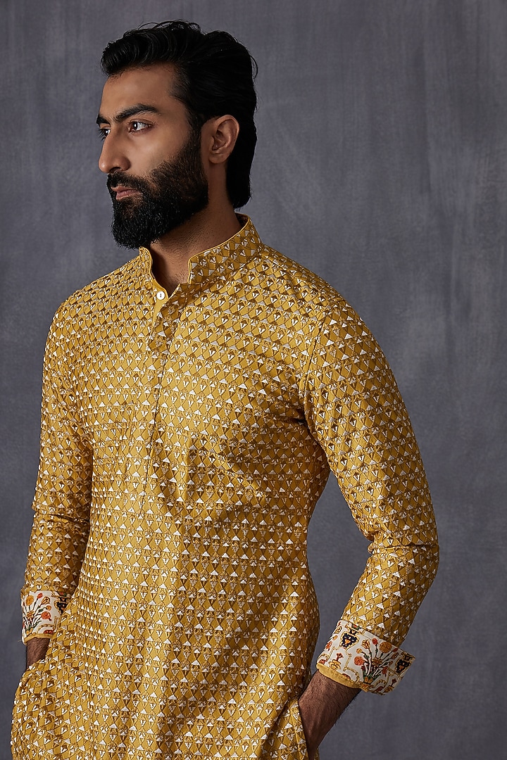 Mustard Chanderi Silk Embroidered Kurta Set by ARJAN DUGAL at Pernia's Pop Up Shop