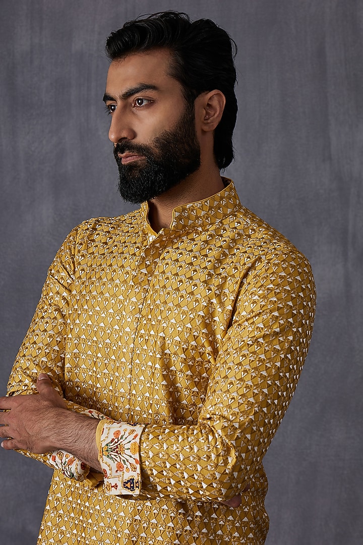 Mustard Chanderi Silk Embroidered Kurta Set by ARJAN DUGAL at Pernia's Pop Up Shop