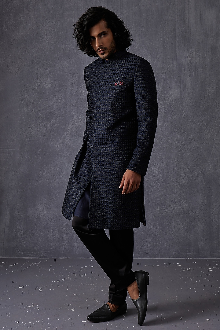 Navy Blue Chanderi Silk & Cotton Lycra Embroidered Groom Sherwani Set by ARJAN DUGAL at Pernia's Pop Up Shop