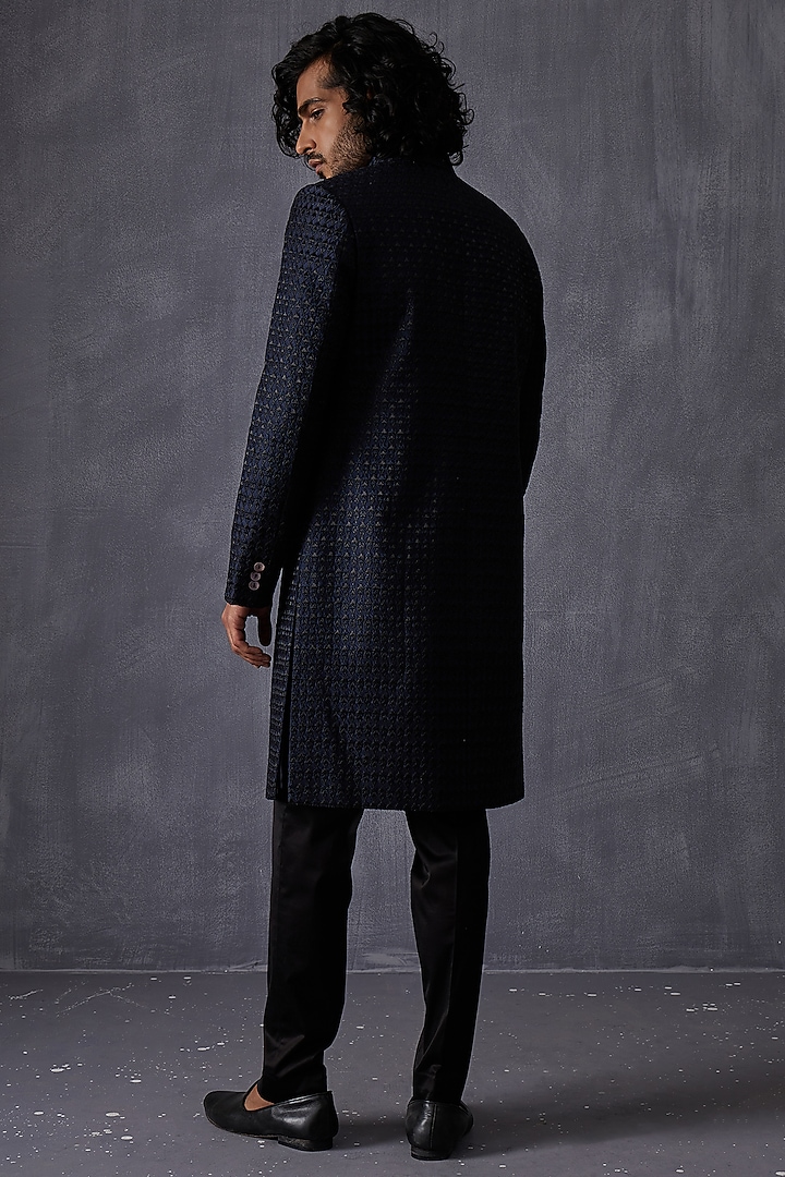 Navy Blue Chanderi Silk Embroidered & Printed Groom Sherwani Set by ARJAN DUGAL at Pernia's Pop Up Shop