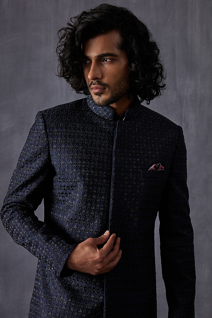 Navy Blue Chanderi Silk Embroidered & Printed Groom Sherwani Set by ARJAN DUGAL at Pernia's Pop Up Shop