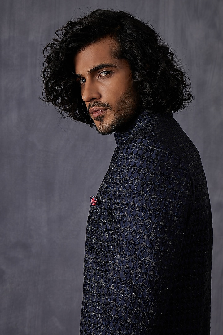 Navy Blue Chanderi Silk Embroidered & Printed Groom Sherwani Set by ARJAN DUGAL at Pernia's Pop Up Shop