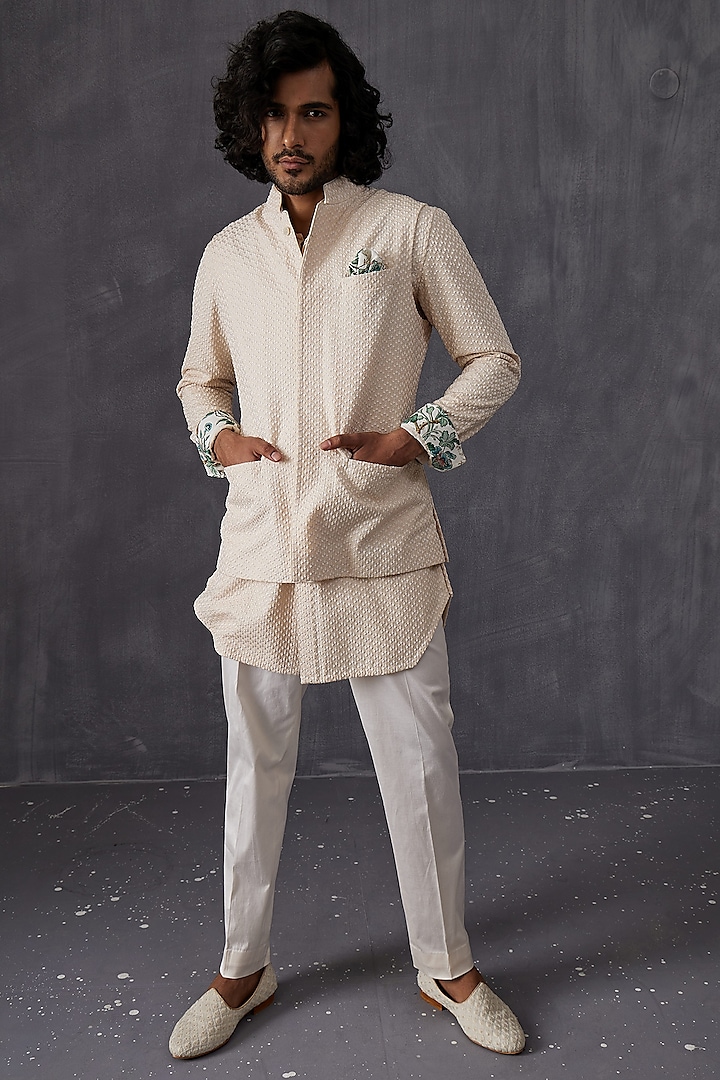 Ivory Chanderi Silk Embroidered Nehru Jacket by ARJAN DUGAL