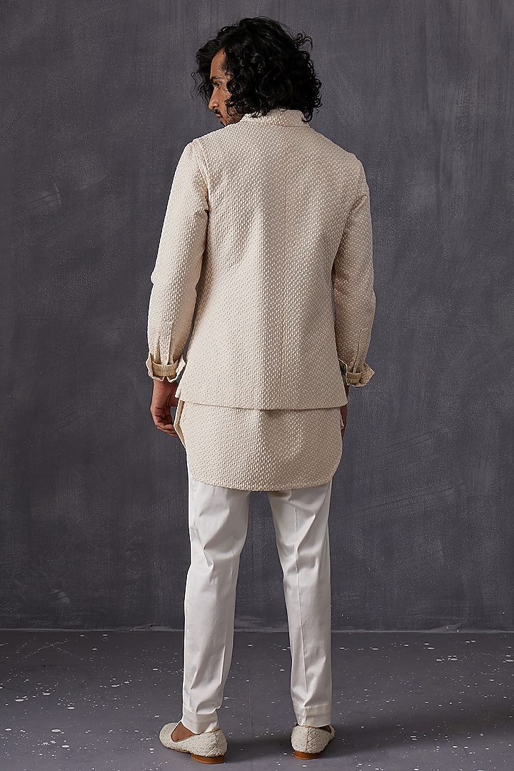 Ivory Chanderi Silk Embroidered Nehru Jacket by ARJAN DUGAL at Pernia's Pop Up Shop