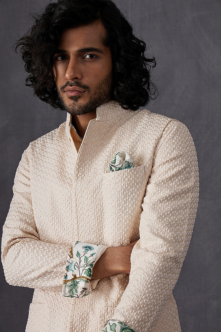 Ivory Chanderi Silk Embroidered Nehru Jacket by ARJAN DUGAL at Pernia's Pop Up Shop