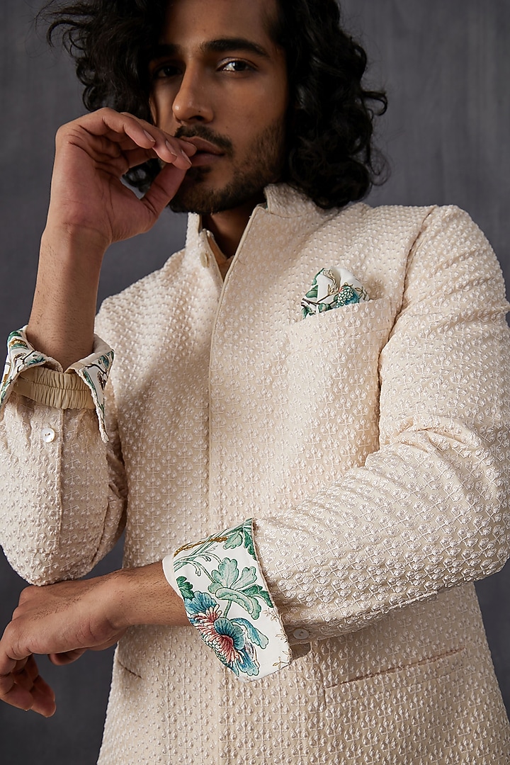 Ivory Chanderi Silk Embroidered Nehru Jacket by ARJAN DUGAL at Pernia's Pop Up Shop