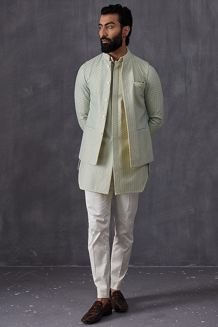 Aqua Chanderi Silk Embroidered Indowestern Jacket by ARJAN DUGAL