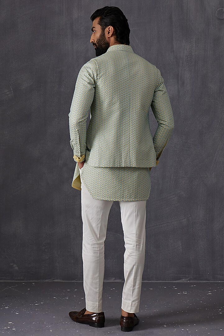 Aqua Chanderi Silk Embroidered Wedding Indowestern by ARJAN DUGAL at Pernia's Pop Up Shop