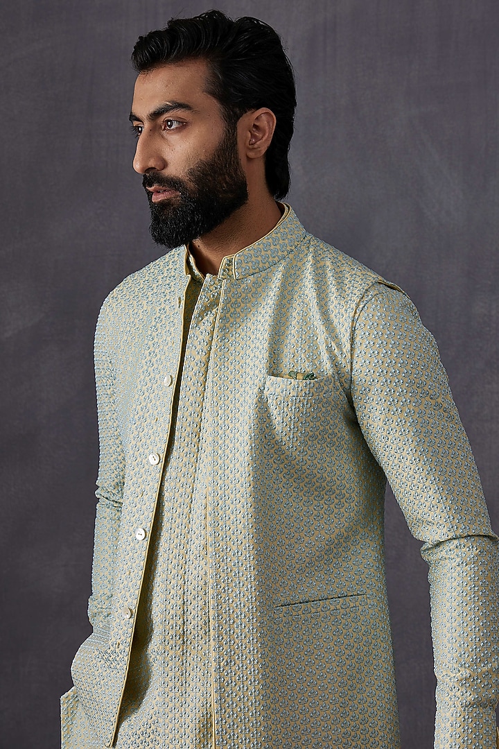 Aqua Chanderi Silk Embroidered Wedding Indowestern by ARJAN DUGAL at Pernia's Pop Up Shop