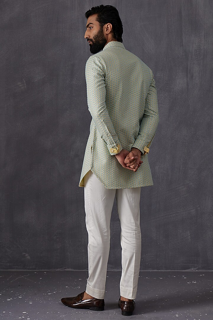 Aqua Silk Embroidered & Printed Kurta Set by ARJAN DUGAL at Pernia's Pop Up Shop