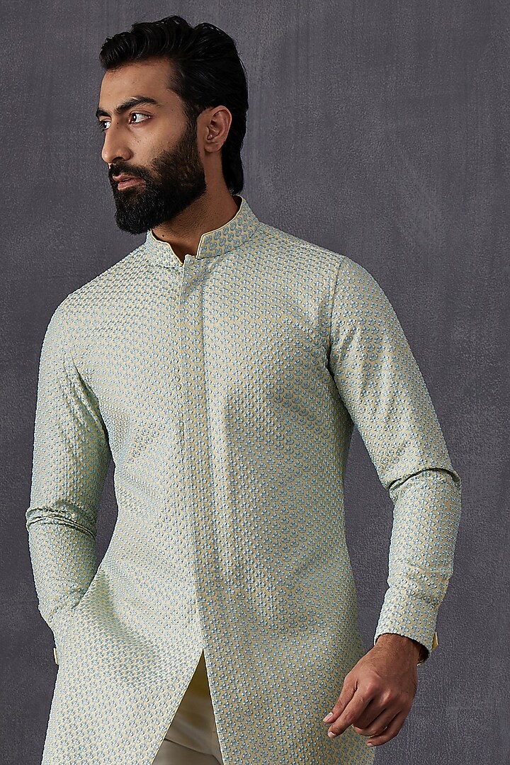 Aqua Silk Embroidered & Printed Kurta Set by ARJAN DUGAL at Pernia's Pop Up Shop