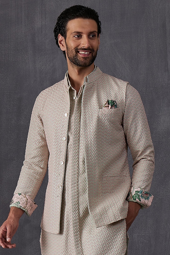 Sage Green & Pink Chanderi Silk Embroidered Indowestern Jacket by ARJAN DUGAL