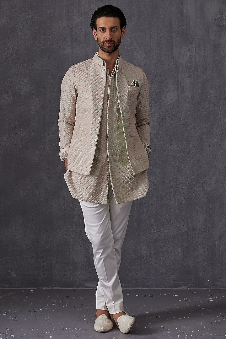 Sage Green & Pink Chanderi Silk Embroidered Wedding Indowestern by ARJAN DUGAL at Pernia's Pop Up Shop