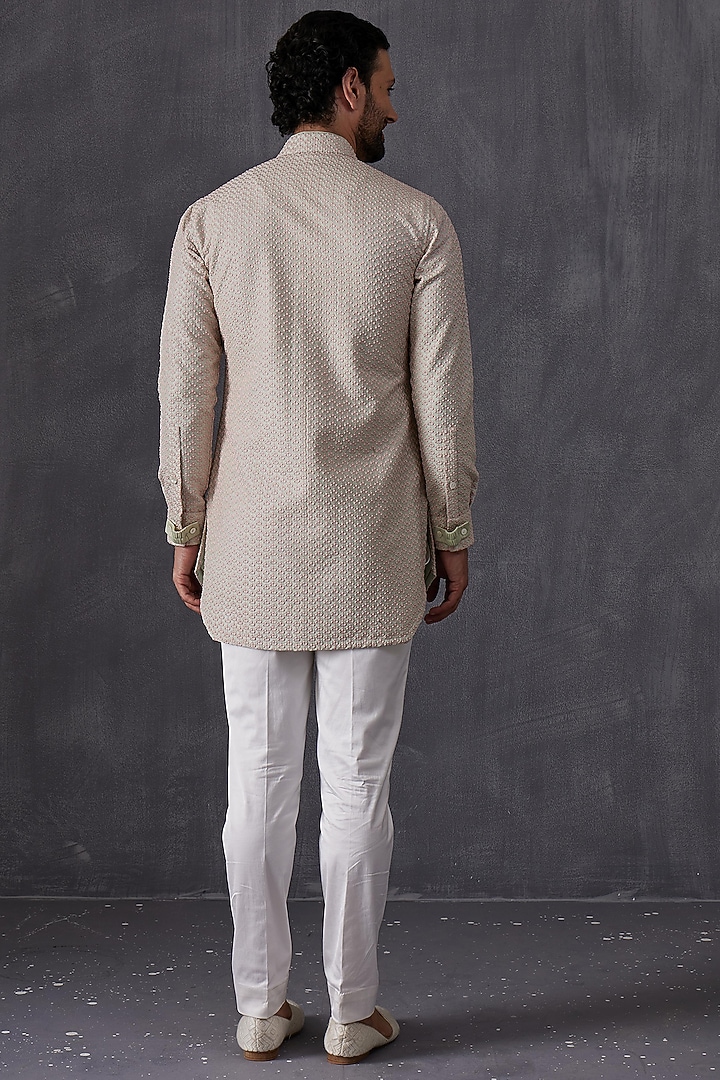 Sea Green & Pink Chanderi Silk Printed Kurta Set by ARJAN DUGAL at Pernia's Pop Up Shop