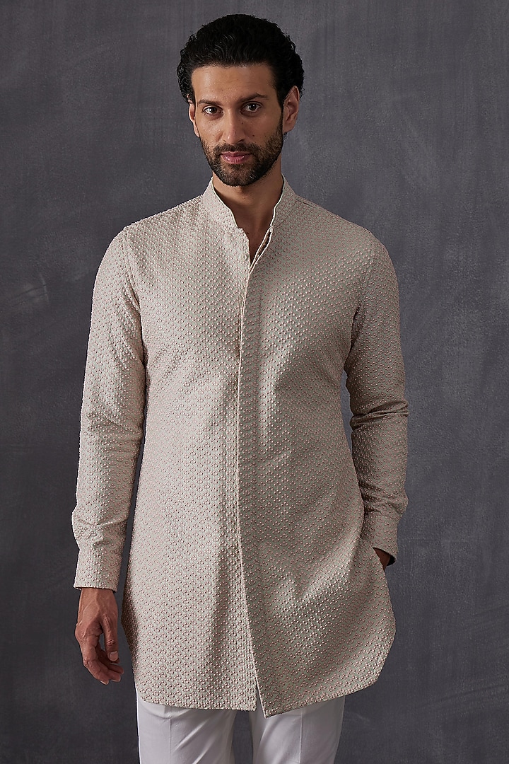 Sea Green & Pink Chanderi Silk Printed Kurta Set by ARJAN DUGAL at Pernia's Pop Up Shop