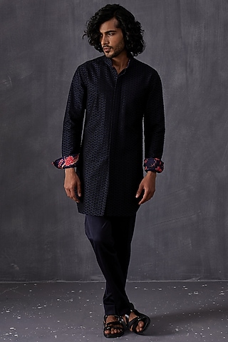 Black Silk Embroidered & Printed Kurta Set by ARJAN DUGAL