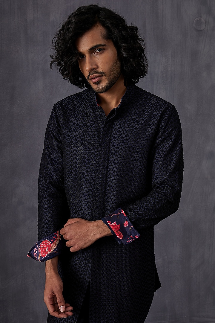 Black Silk Embroidered & Printed Kurta Set by ARJAN DUGAL at Pernia's Pop Up Shop