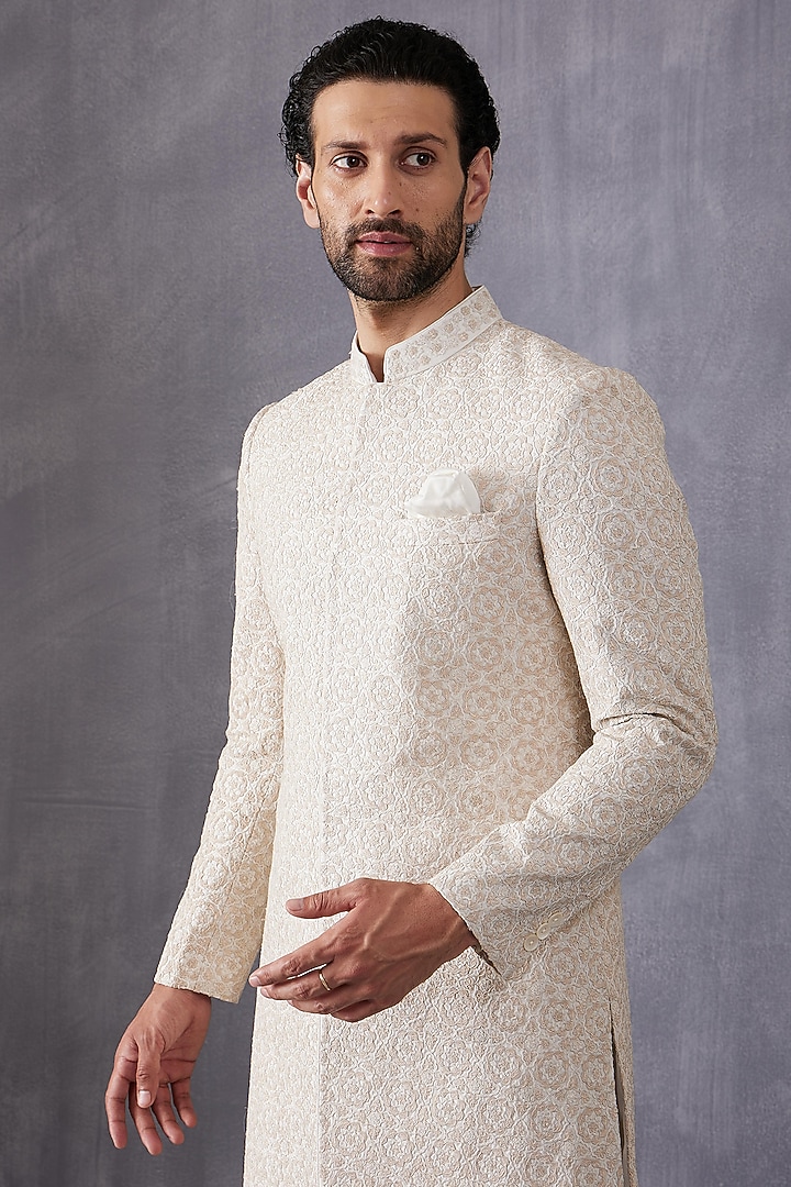 Ivory Cotton & Silk Dori Embroidered Groom Sherwani Set by ARJAN DUGAL at Pernia's Pop Up Shop