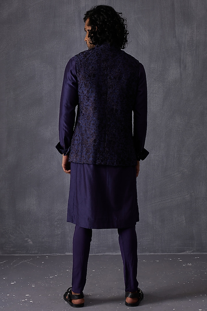 Navy Blue Chanderi Silk Hand Embroidered Nehru Jacket by ARJAN DUGAL at Pernia's Pop Up Shop