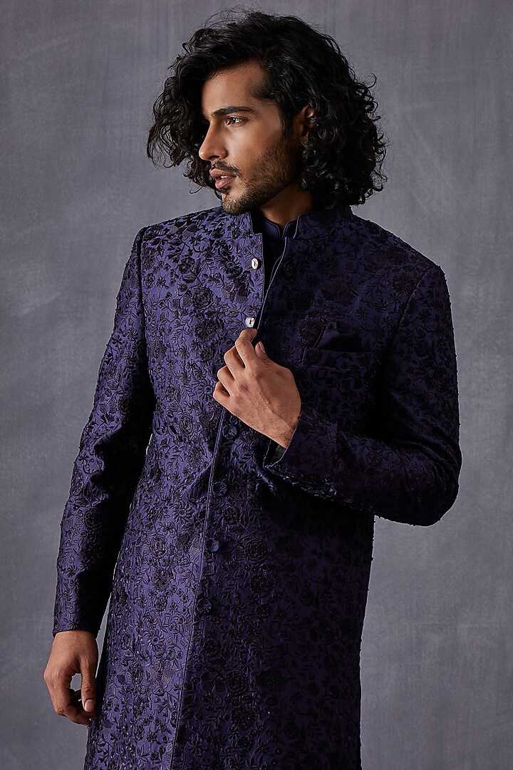 Navy Blue Chanderi Silk Hand Embroidered Groom Sherwani Set by ARJAN DUGAL at Pernia's Pop Up Shop