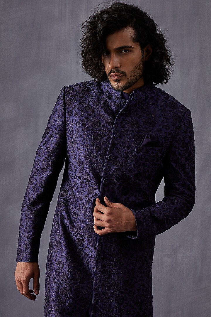 Navy Blue Chanderi Silk Hand Embroidered Groom Sherwani Set by ARJAN DUGAL at Pernia's Pop Up Shop
