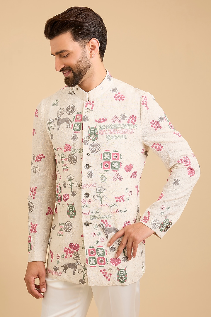 Ivory Georgette & Estelle Satin Groom Bandhgala by ARJAN DUGAL at Pernia's Pop Up Shop