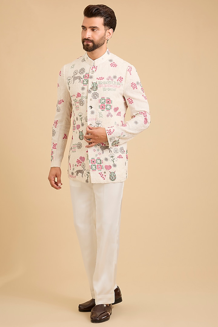 Ivory Georgette & Estelle Satin Groom Bandhgala by ARJAN DUGAL at Pernia's Pop Up Shop