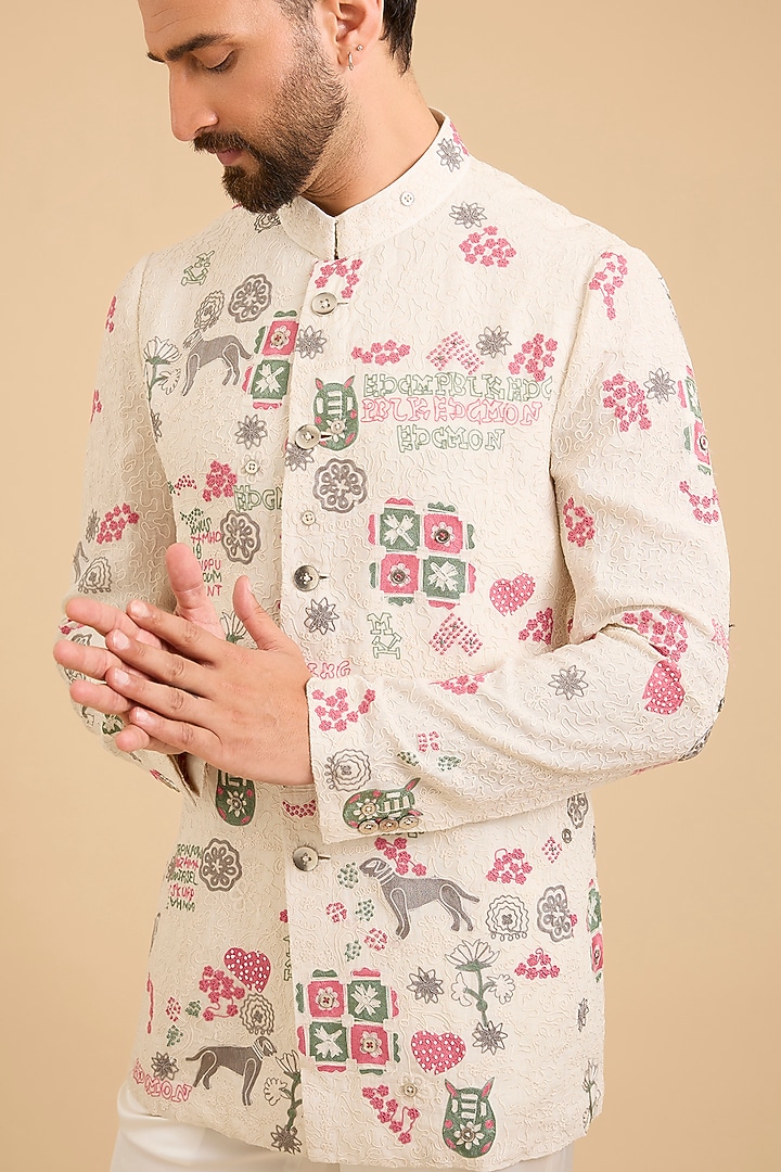 Ivory Georgette & Estelle Satin Groom Bandhgala by ARJAN DUGAL at Pernia's Pop Up Shop