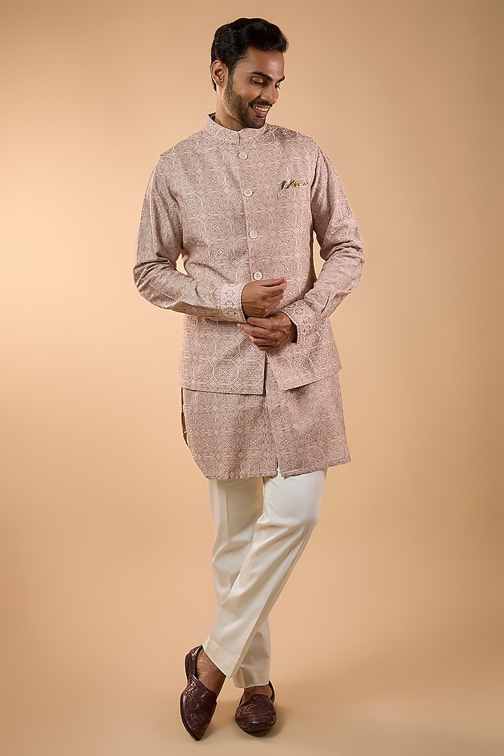 Pale Pink Georgette & Satin Bundi Jacket Set by ARJAN DUGAL at Pernia's Pop Up Shop