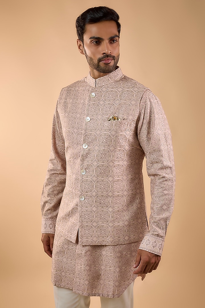 Pale Pink Georgette & Satin Bundi Jacket Set by ARJAN DUGAL at Pernia's Pop Up Shop