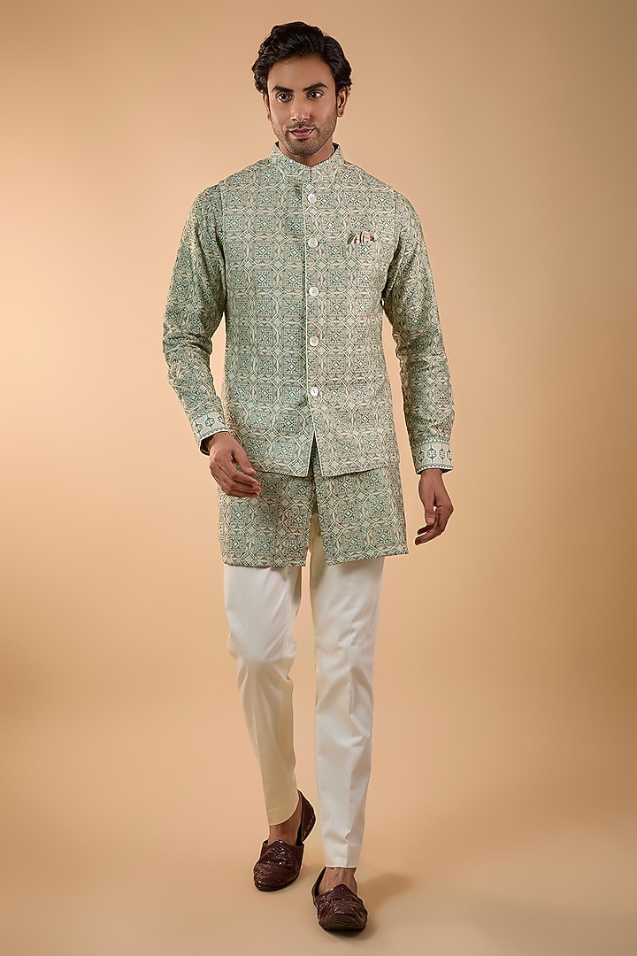 Sage Green Georgette & Satin Bundi Jacket Set by ARJAN DUGAL at Pernia's Pop Up Shop