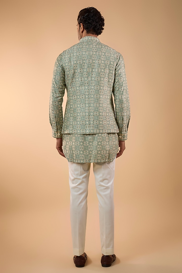 Sage Green Georgette & Satin Bundi Jacket Set by ARJAN DUGAL at Pernia's Pop Up Shop