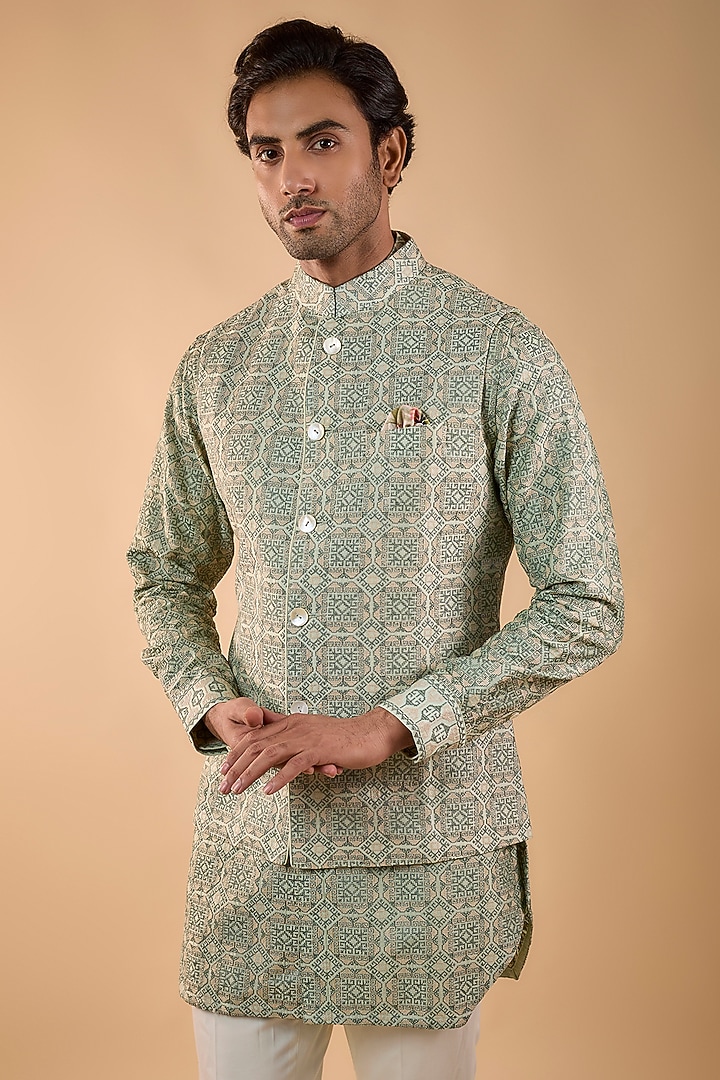 Sage Green Georgette & Satin Bundi Jacket Set by ARJAN DUGAL at Pernia's Pop Up Shop