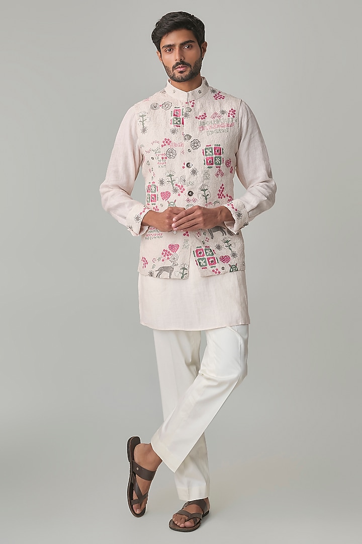 Powder Pink Georgette & Satin Bundi Jacket Set by ARJAN DUGAL at Pernia's Pop Up Shop