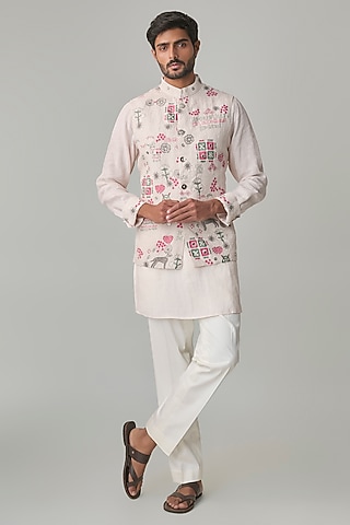 Powder Pink Georgette & Satin Bundi Jacket Set by ARJAN DUGAL