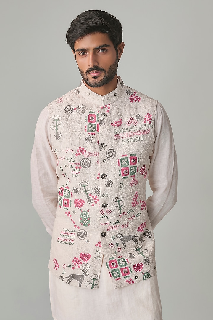 Powder Pink Georgette & Satin Bundi Jacket Set by ARJAN DUGAL at Pernia's Pop Up Shop