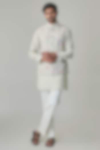 Sage Green Georgette & Satin Bundi Jacket Set by ARJAN DUGAL at Pernia's Pop Up Shop