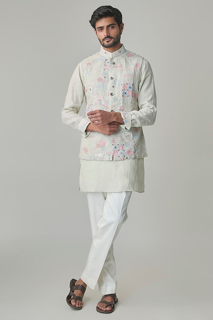 Sage Green Georgette & Satin Bundi Jacket Set by ARJAN DUGAL at Pernia's Pop Up Shop