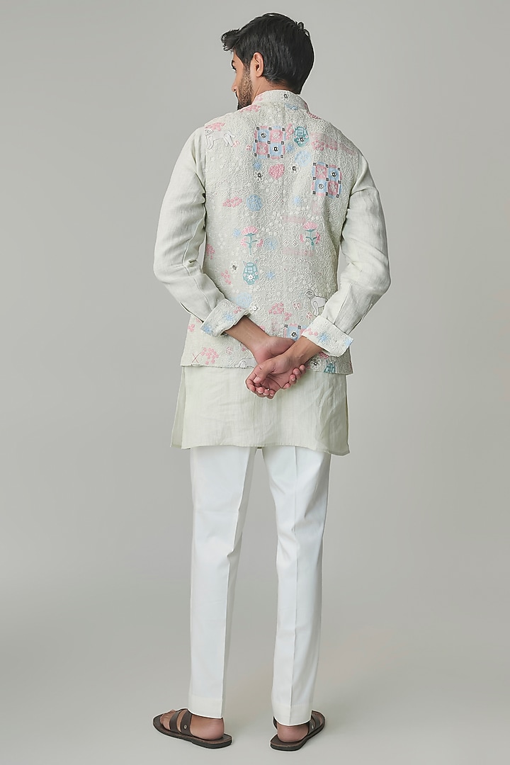 Sage Green Georgette & Satin Bundi Jacket Set by ARJAN DUGAL at Pernia's Pop Up Shop