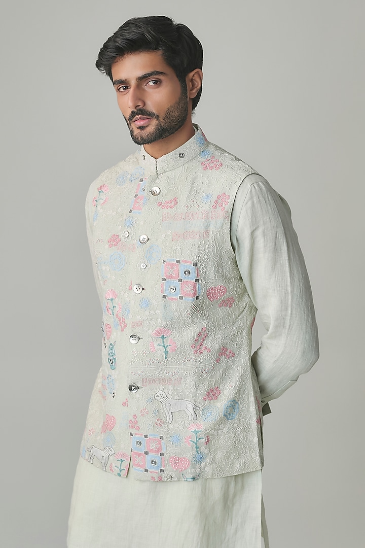 Sage Green Georgette & Satin Bundi Jacket Set by ARJAN DUGAL at Pernia's Pop Up Shop