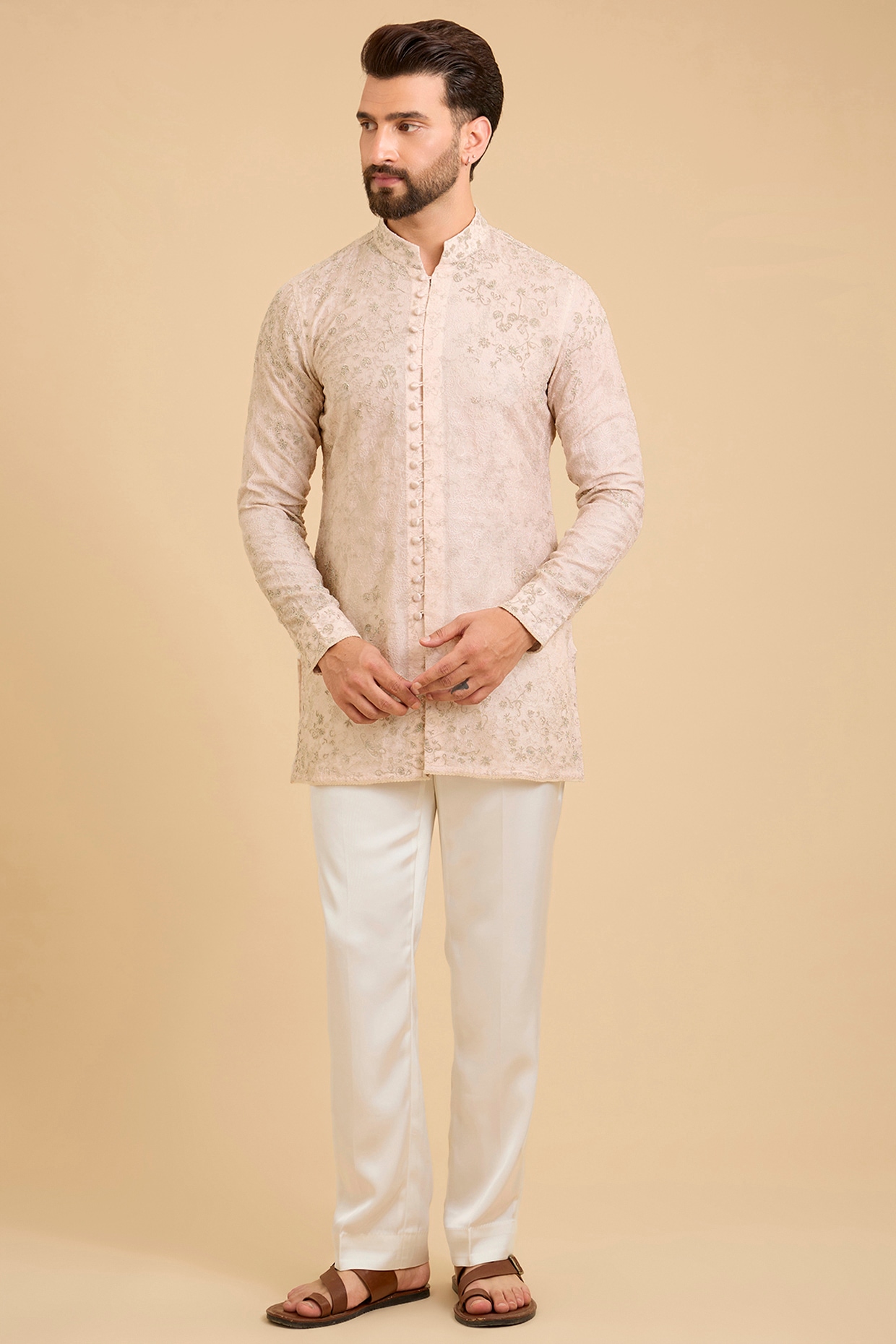 ARJAN DUGAL Pale Pink Georgette & Estelle Satin Kurta Set